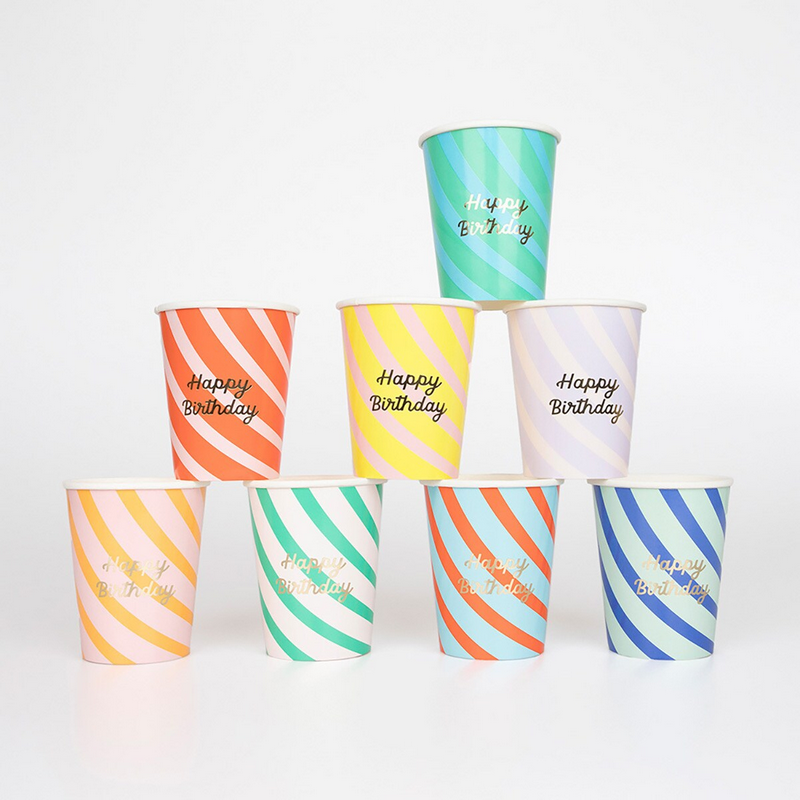 Stripe Happy Birthday Cups (8pk)