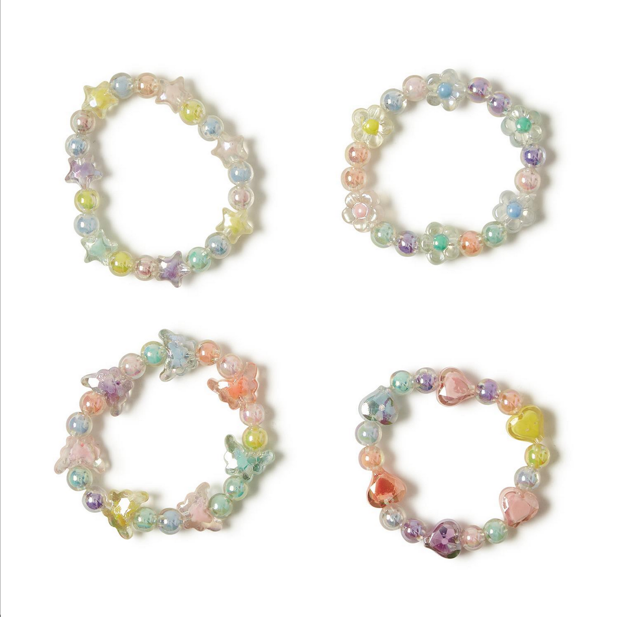 Four pastel beaded bracelets on a white background