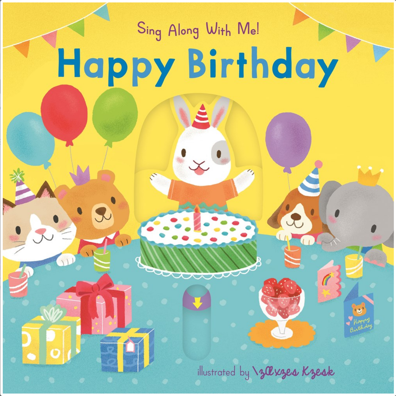 Children's book cover with cartoon animals celebrating a birthday.
