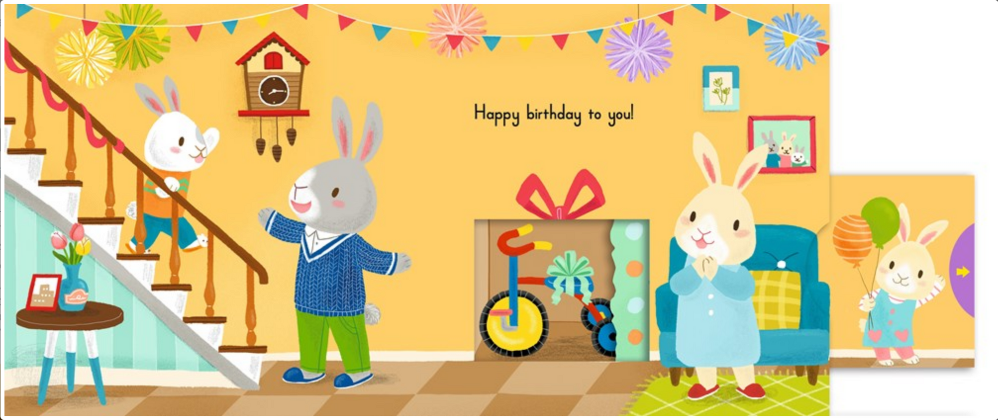 Cartoon rabbits in a room with birthday decorations and presents.