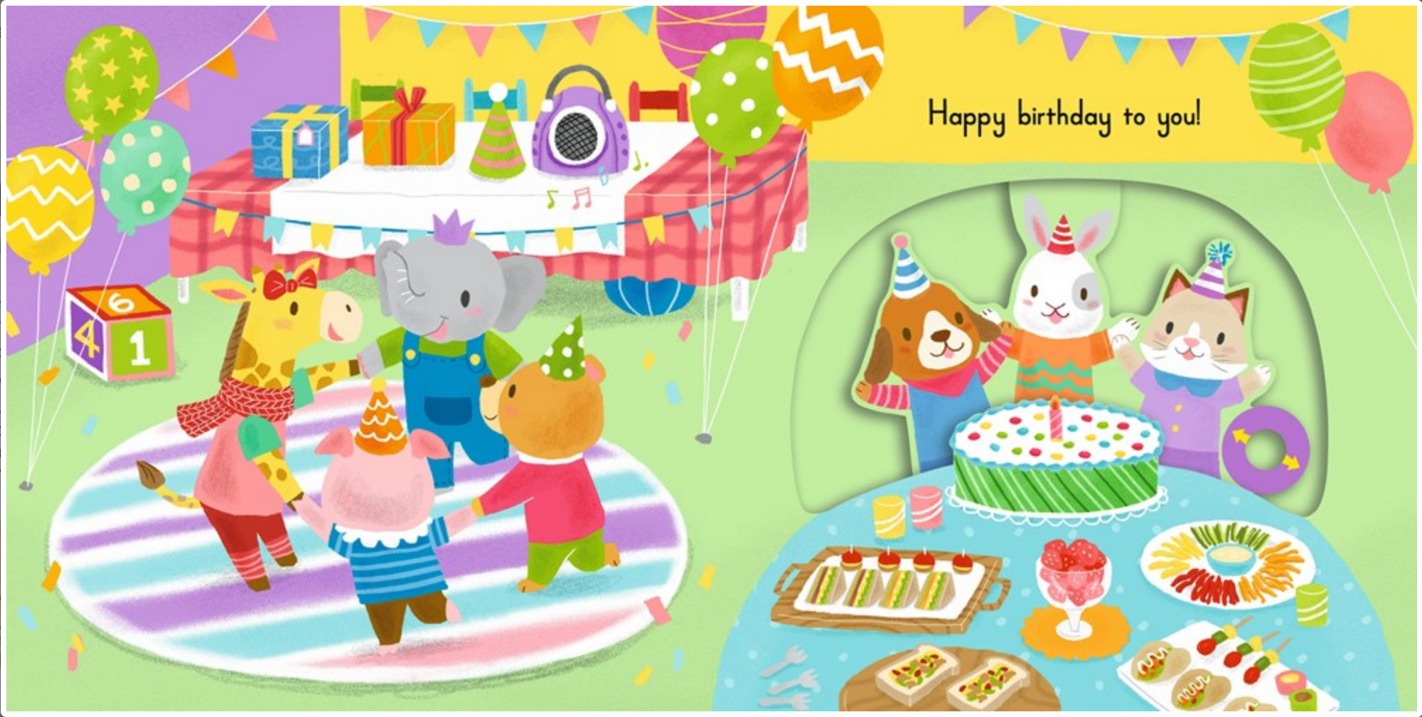 Children's book cover with animal characters celebrating a birthday party.