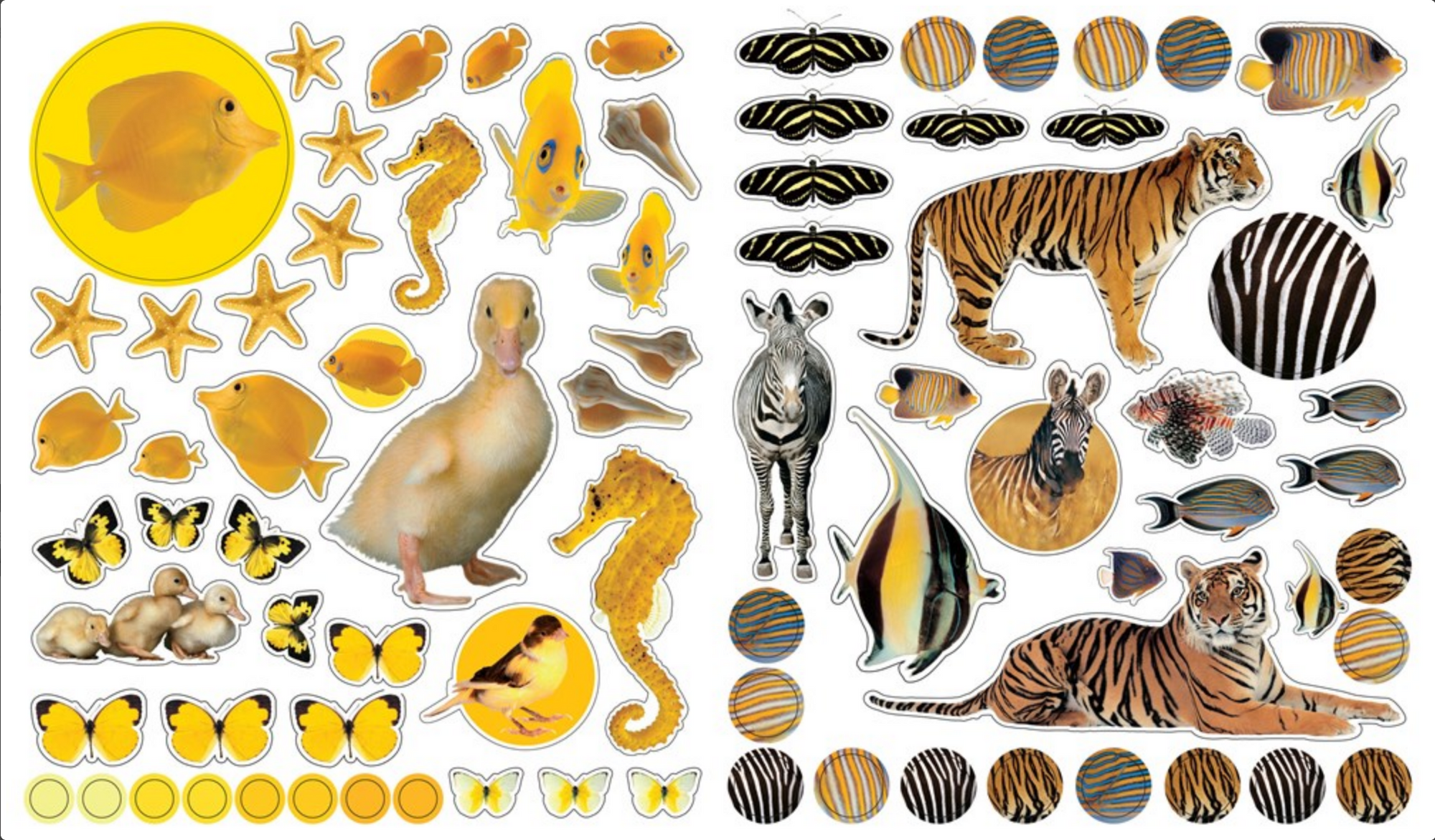 Collection of animal stickers including fish, seahorses, butterflies, and tigers on a yellow background.