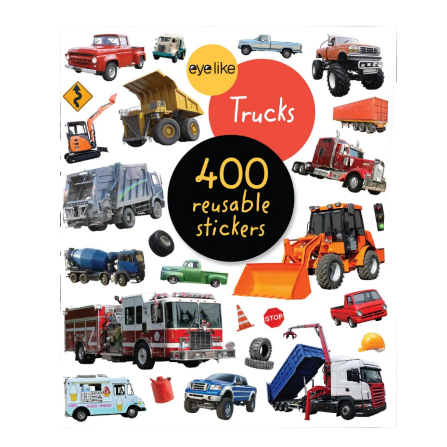 Packaging of 'Eyelike Trucks' stickers with various vehicle illustrations on a white background.