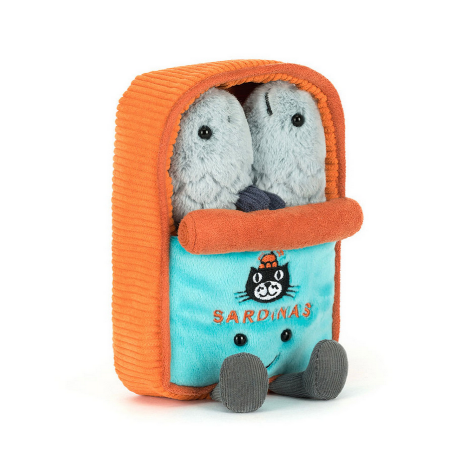 Stuffed toy in a sardine can with 'Amuseables' branding on a white background