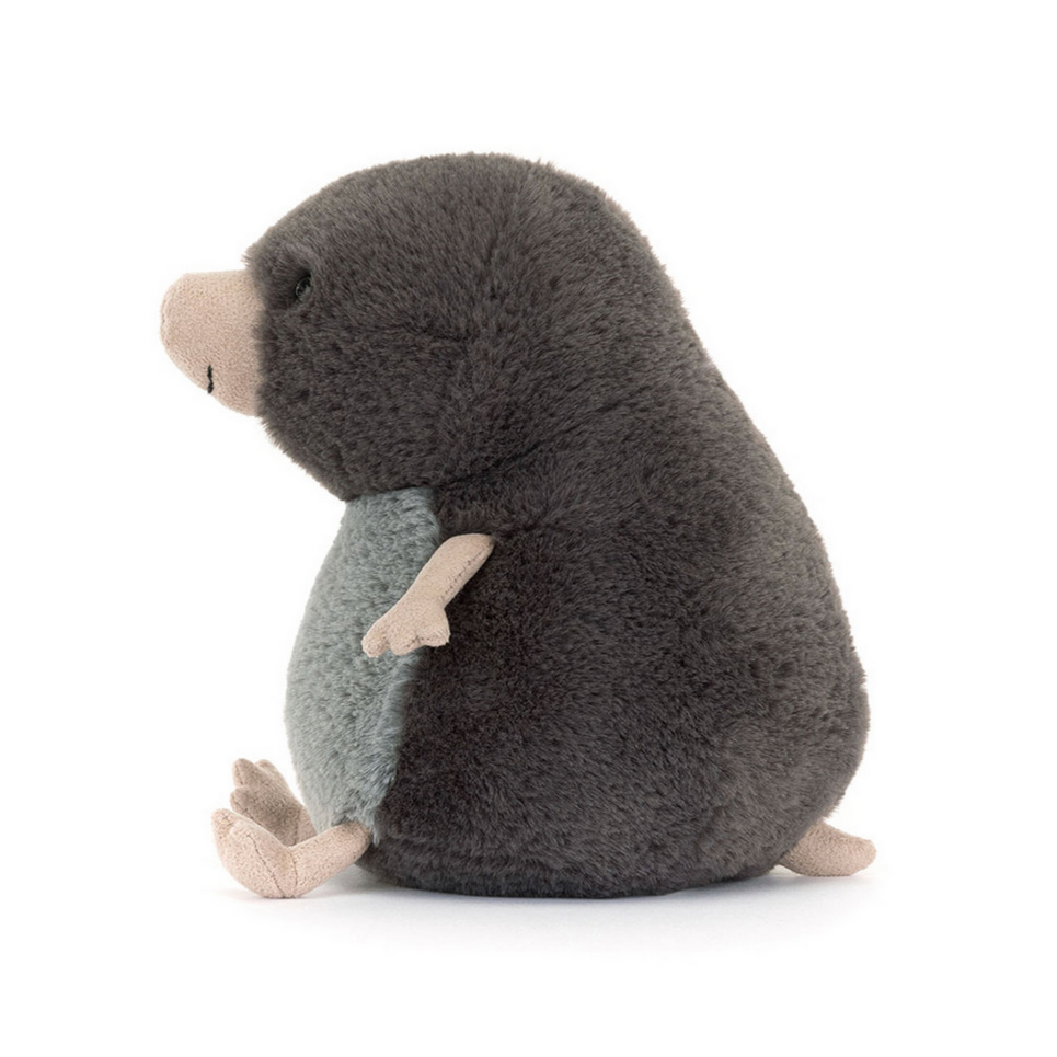 Stuffed toy mole 'Muswell Mole' on a white background