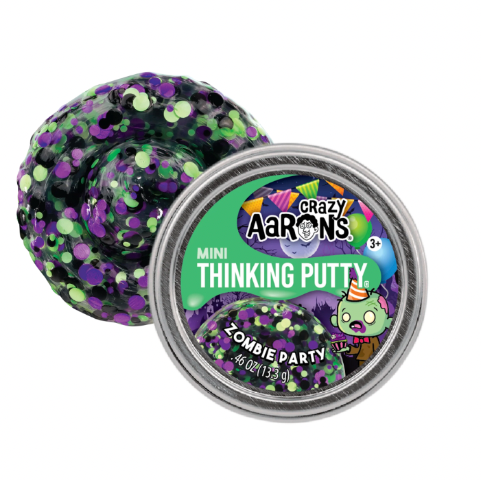 Crazy Aaron's Mini Thinking Putty in Zombie Party color with packaging on a white background