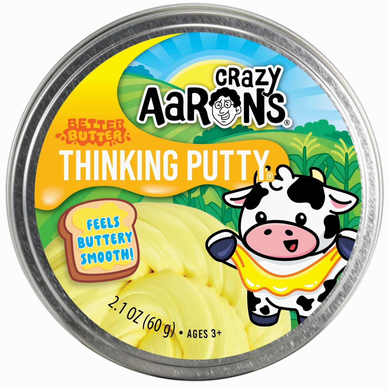 Crazy Aaron's Thinking Putty container with a cow illustration on a white background
