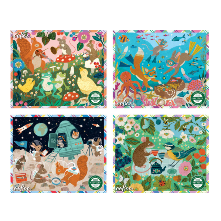Four colorful children's placemats with animal-themed designs on a white background.
