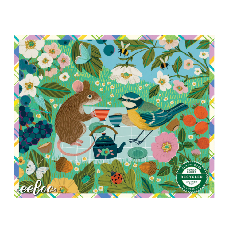 puzzle with nature-themed design featuring animals and flowers.