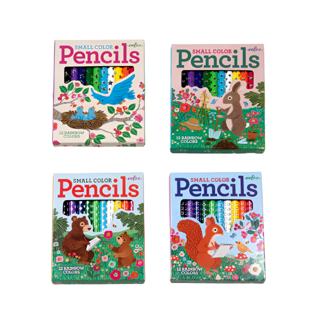 Four boxes of Small Color Pencils with animal-themed designs on a white background