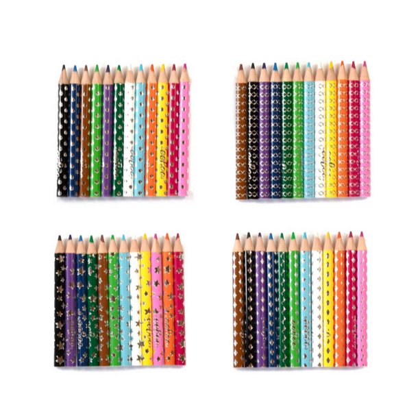 Set of colorful pencils arranged in a grid on a white background