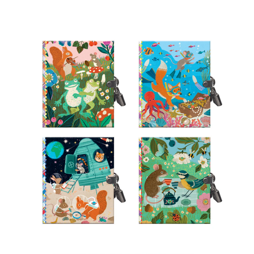 Set of colorful animal-themed notebooks on a white background