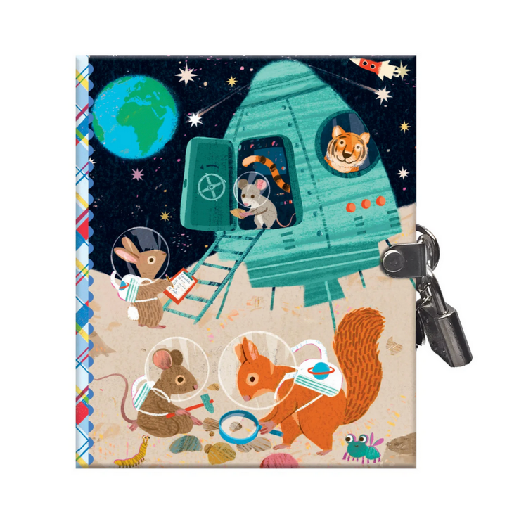 Illustrated notebook with space-themed design featuring animals on a colorful background.