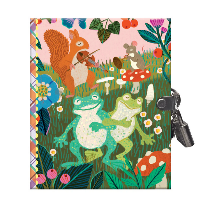 Notebook with animal pattern and lock on a white background