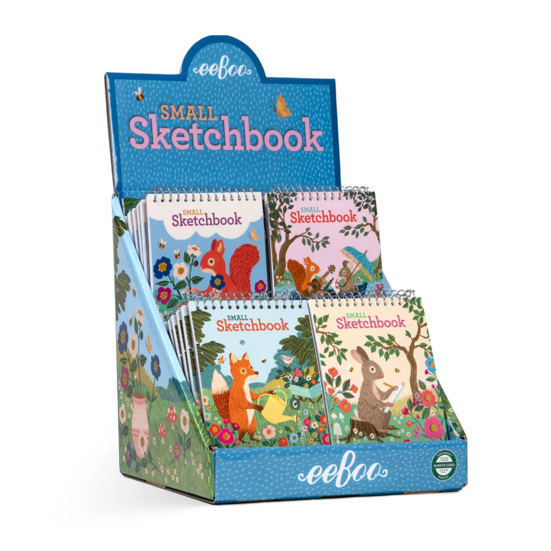 Display of eeboo small sketchbooks with animal illustrations on a white background.