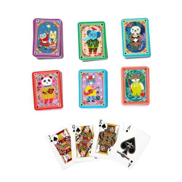 Colorful playing cards with cartoon designs on a white background