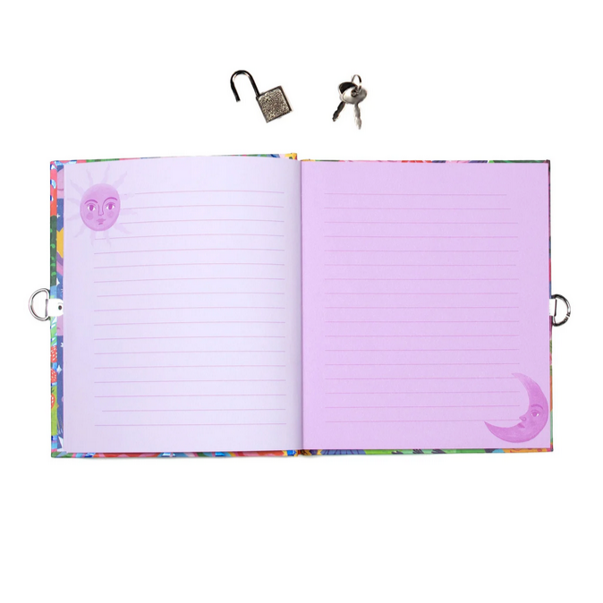 Colorful planner with lock and key on a white background