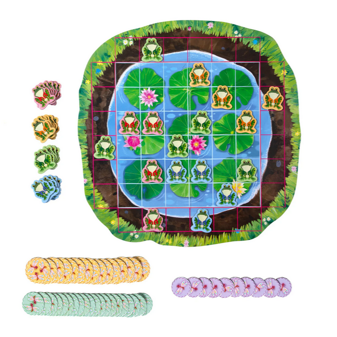 Board game set with pieces and packaging on a white surface