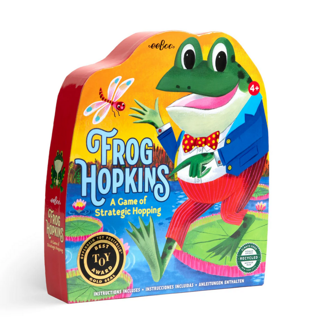 Colorful packaging of 'Frog Hopkins' game with a frog illustration on a white background.