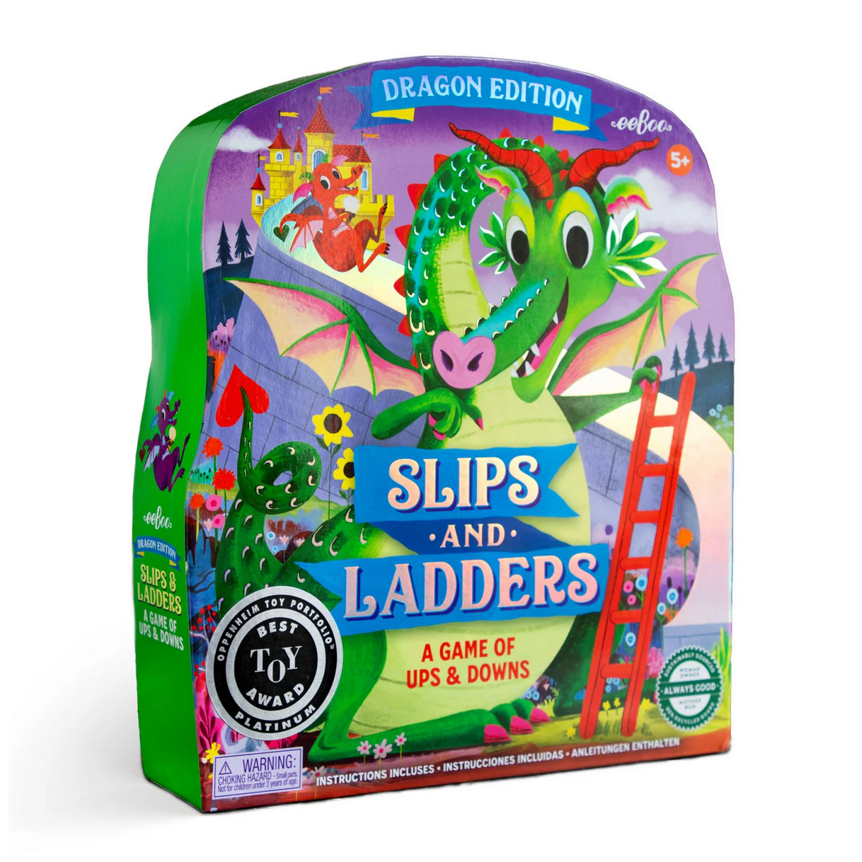 Dragon-themed 'Slips and Ladders' game box on a white background