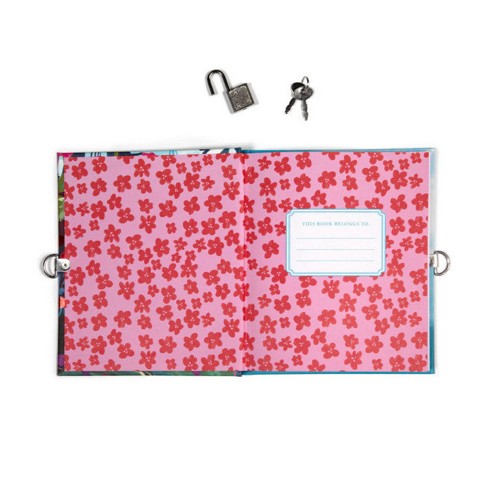 Floral-patterned notebook with lock and key on a white background