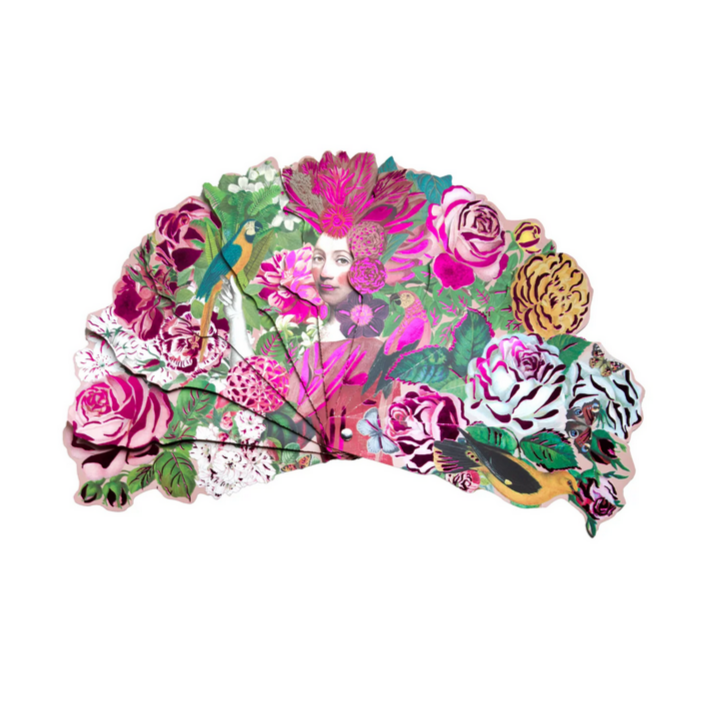 Floral and animal patterned fan on a white background