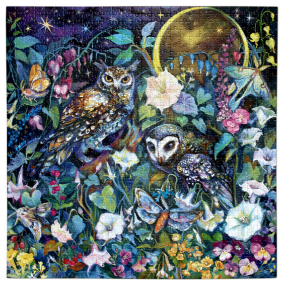 Puzzle with colorful artwork of owls and flowers.