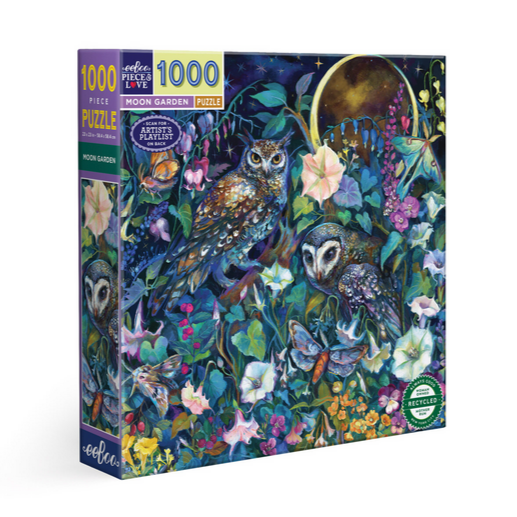 Jigsaw puzzle box with owl design on a white background