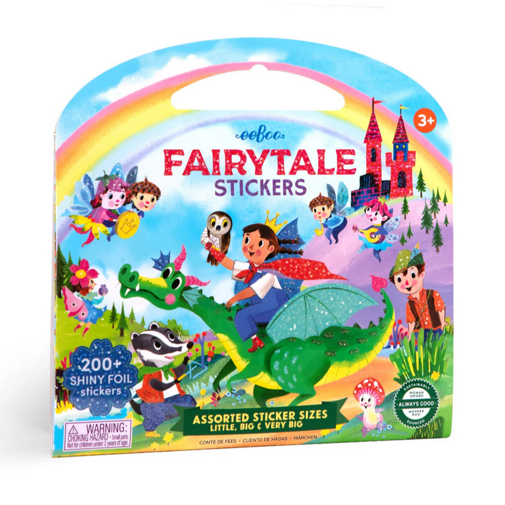 Packaging of fairytale stickers with colorful design and characters on a white background