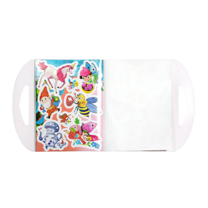 White sticker book with colorful cartoon character sticker designs on a white background