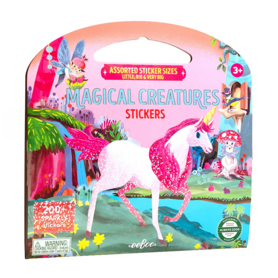 Packaging of 'Magical Creatures' stickers with a unicorn design on a white background.