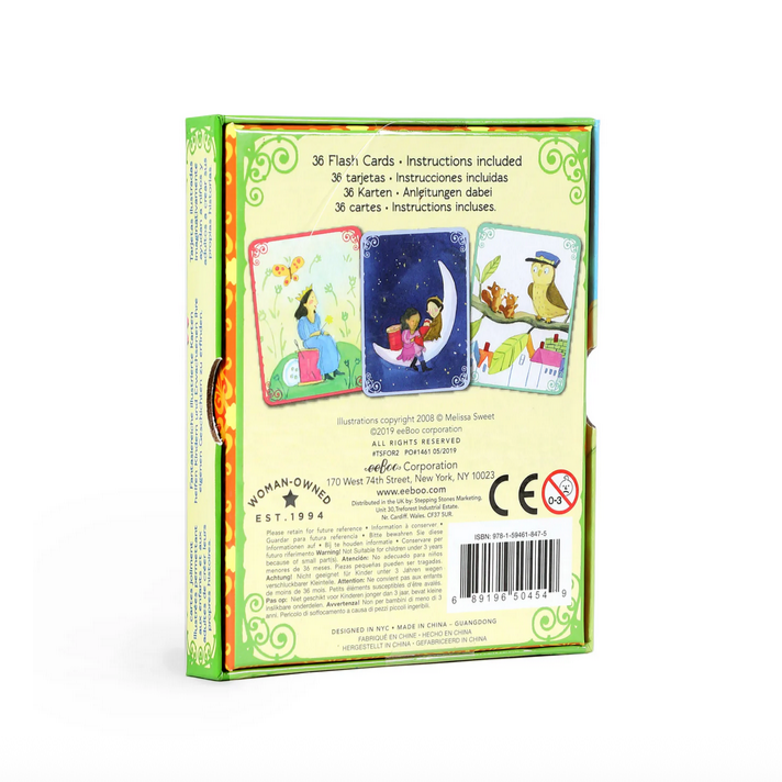 Children's educational card game with colorful cards and a green box on a white background