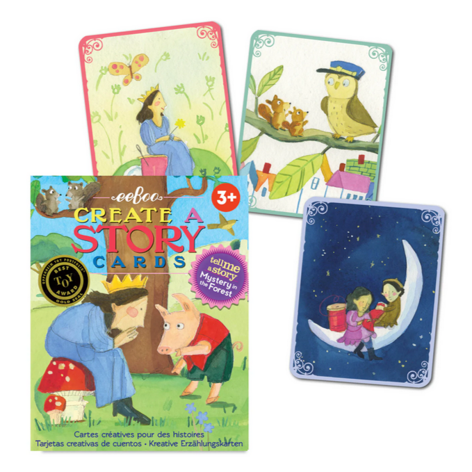 Set of children's story cards with colorful illustrations on a white background.