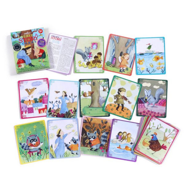 Collection of children's storybook cards with colorful illustrations on a white background
