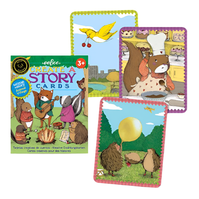 Set of children's story cards with animal illustrations on a white background