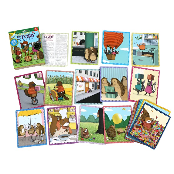 Collection of children's story cards with colorful illustrations on a white background.