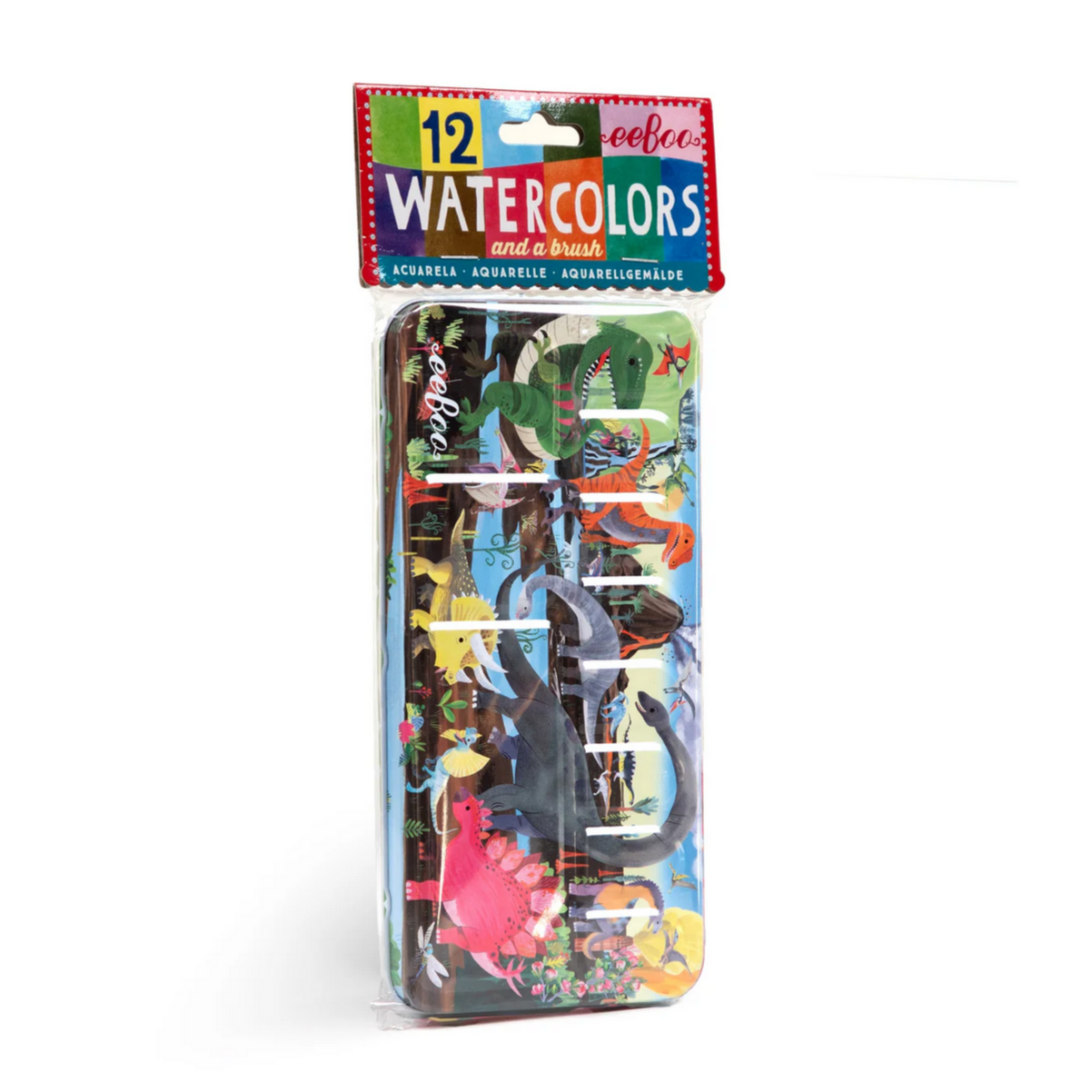 Packaged watercolor set with brush on a white background