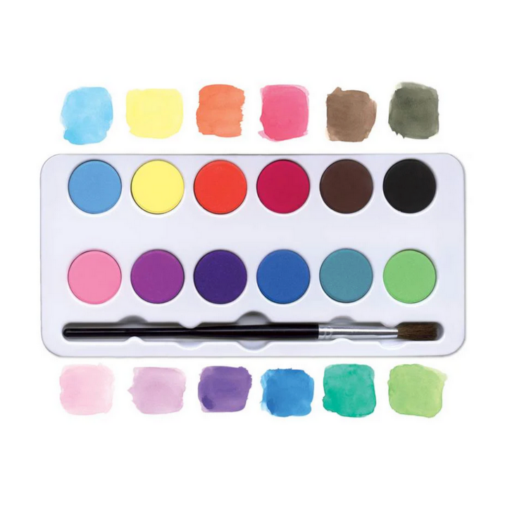 Colorful watercolor paint set with a brush on a white background