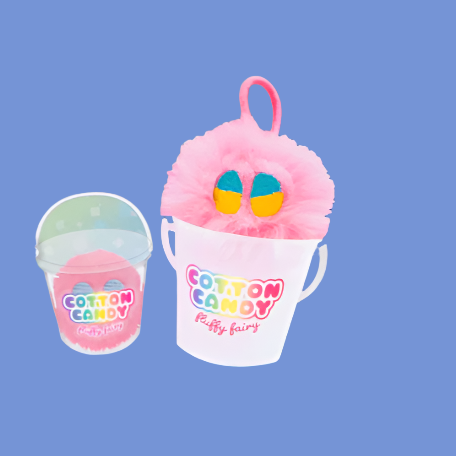 Cotton candy-shaped mascot with packaging featuring Japanese text