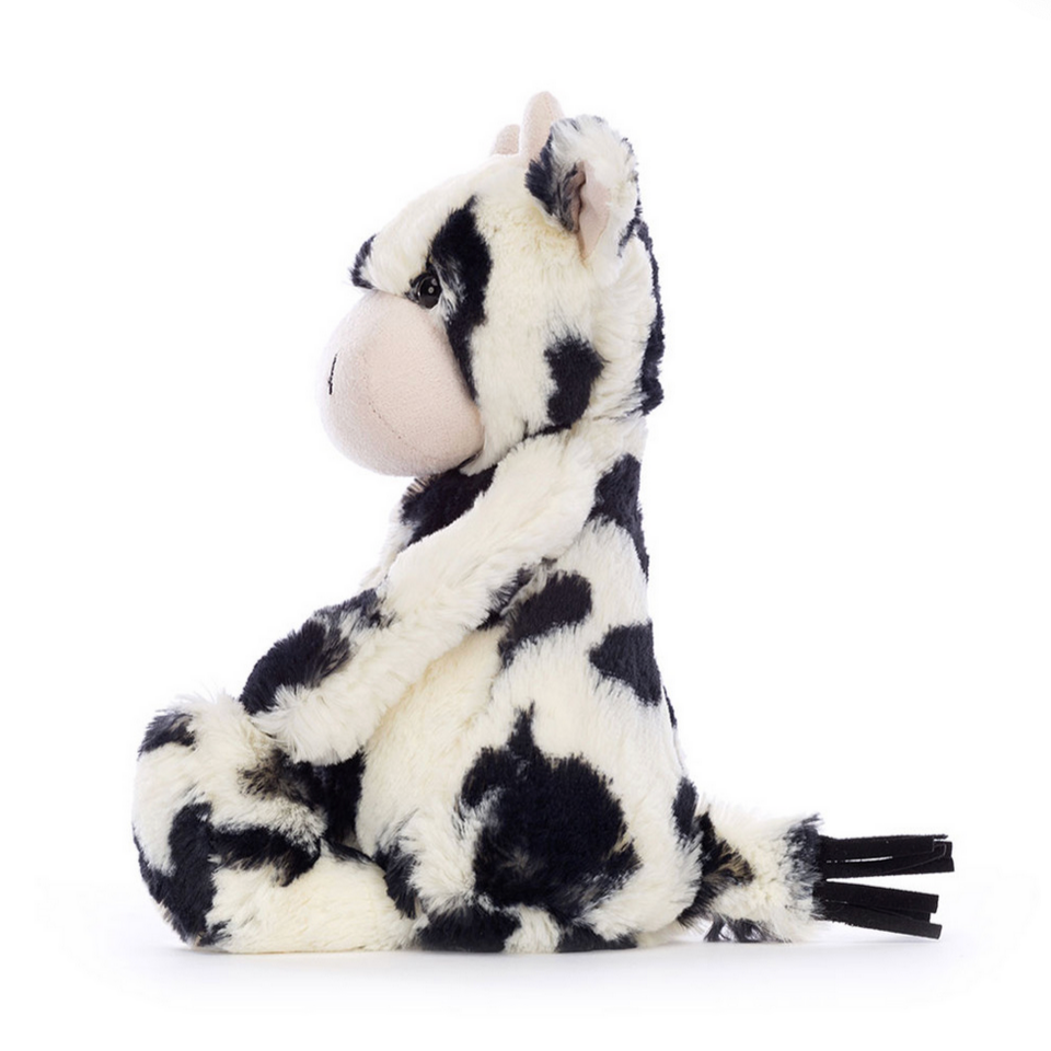 Plush toy cow named 'Bashful Calf' on a white background with price displayed.