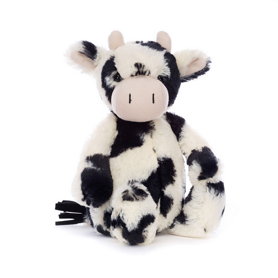 Plush cow toy named 'Bashful Calf' on a white background with price displayed.