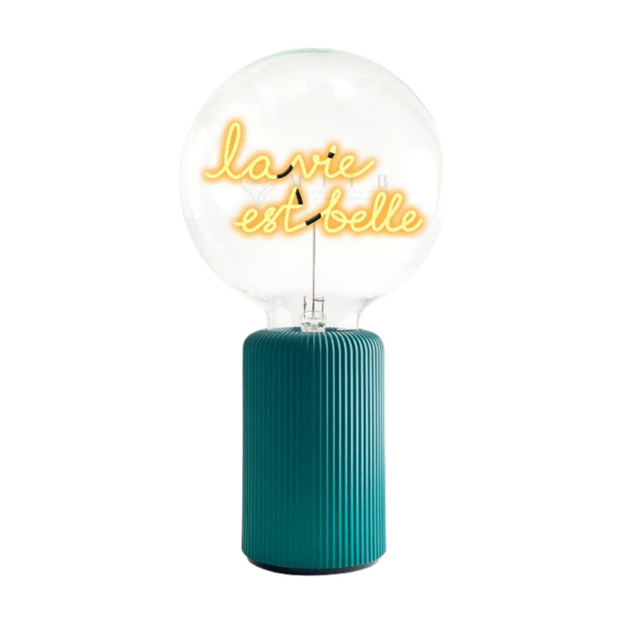 Neon light bulb with 'Léve et belle' text on a green base