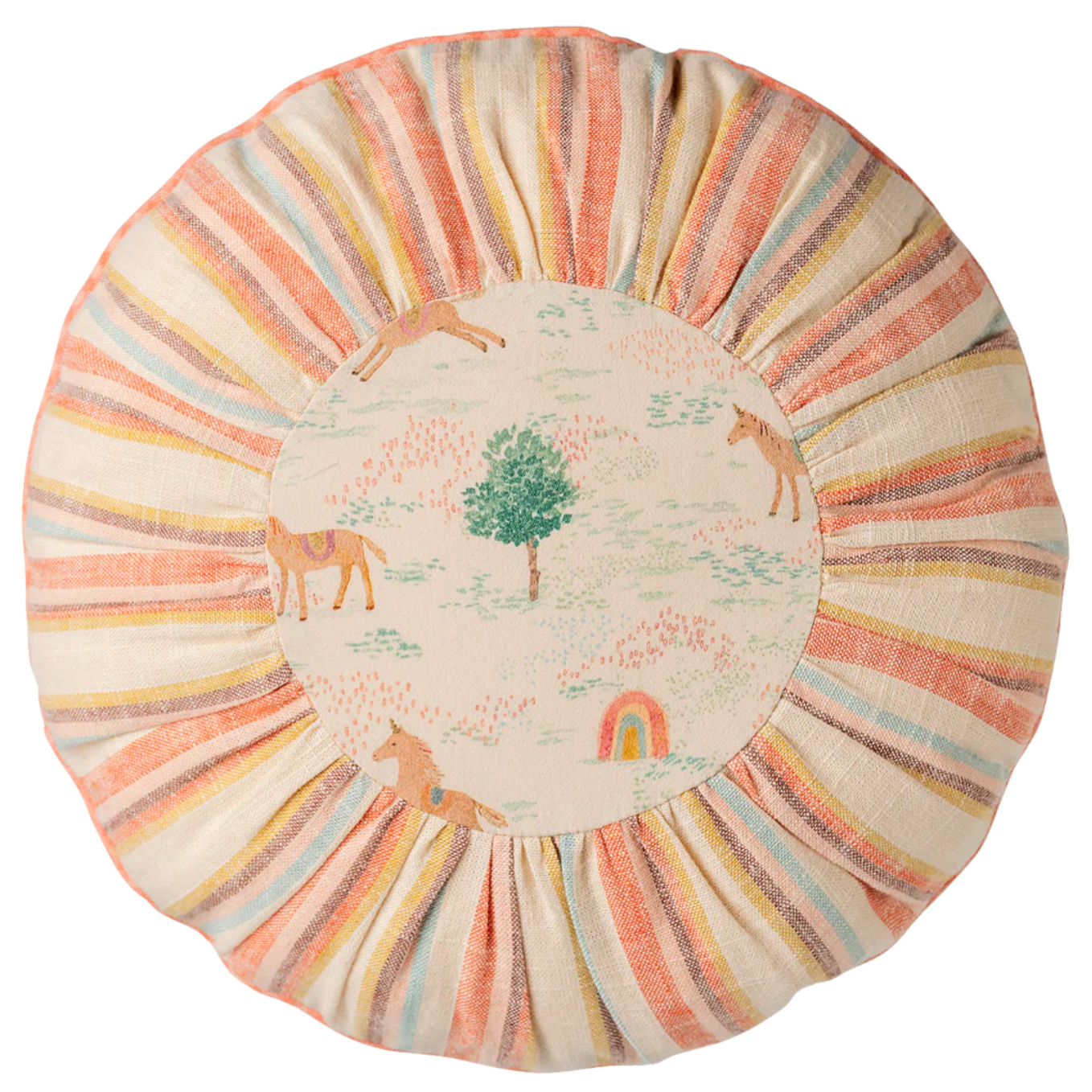 Round decorative pillow with colorful stripes and animal illustrations on a white background