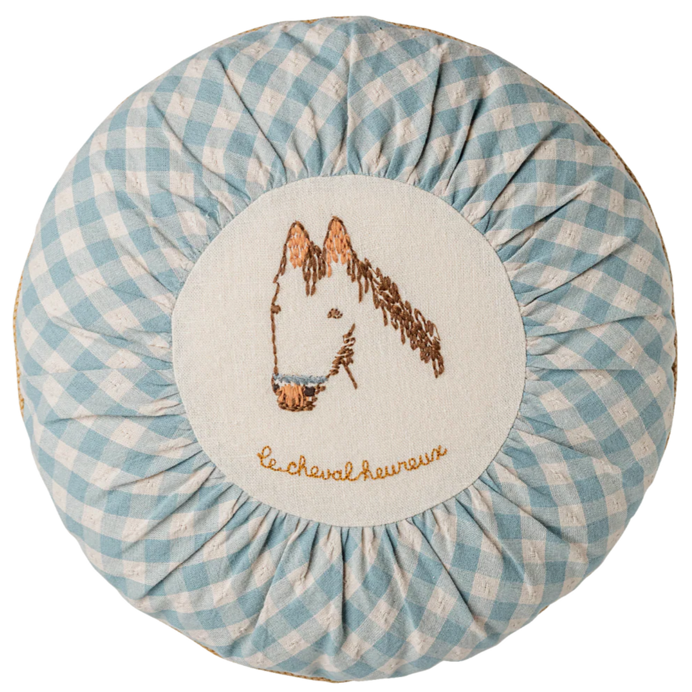 Round decorative pillow with blue and white checkered fabric and embroidered horse design on a white background.