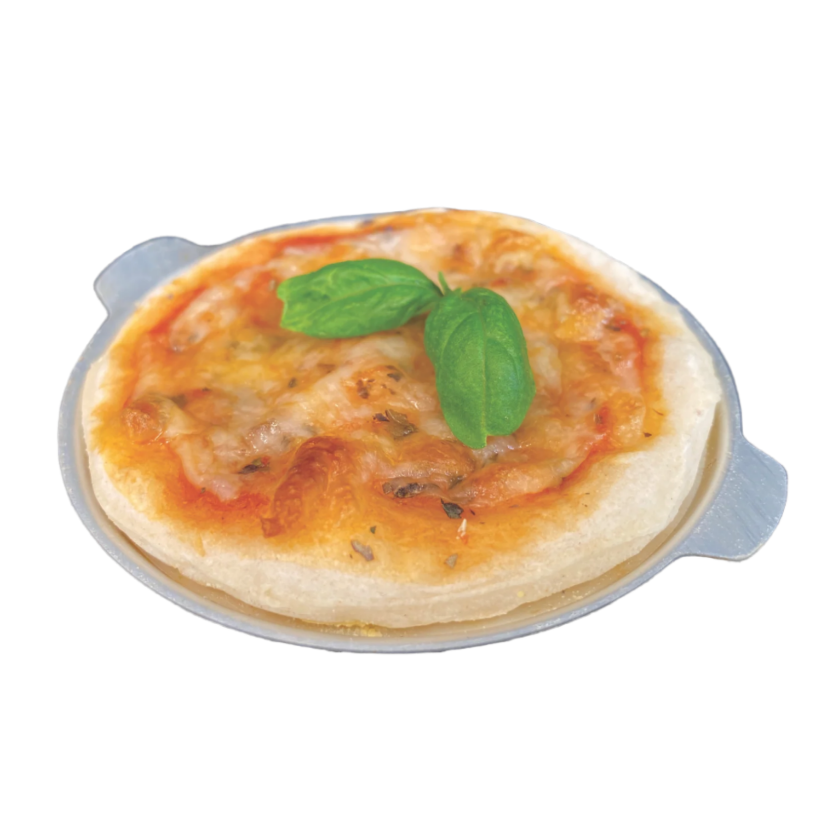 Small pizza with basil leaves on a white plate, displayed on a computer screen.