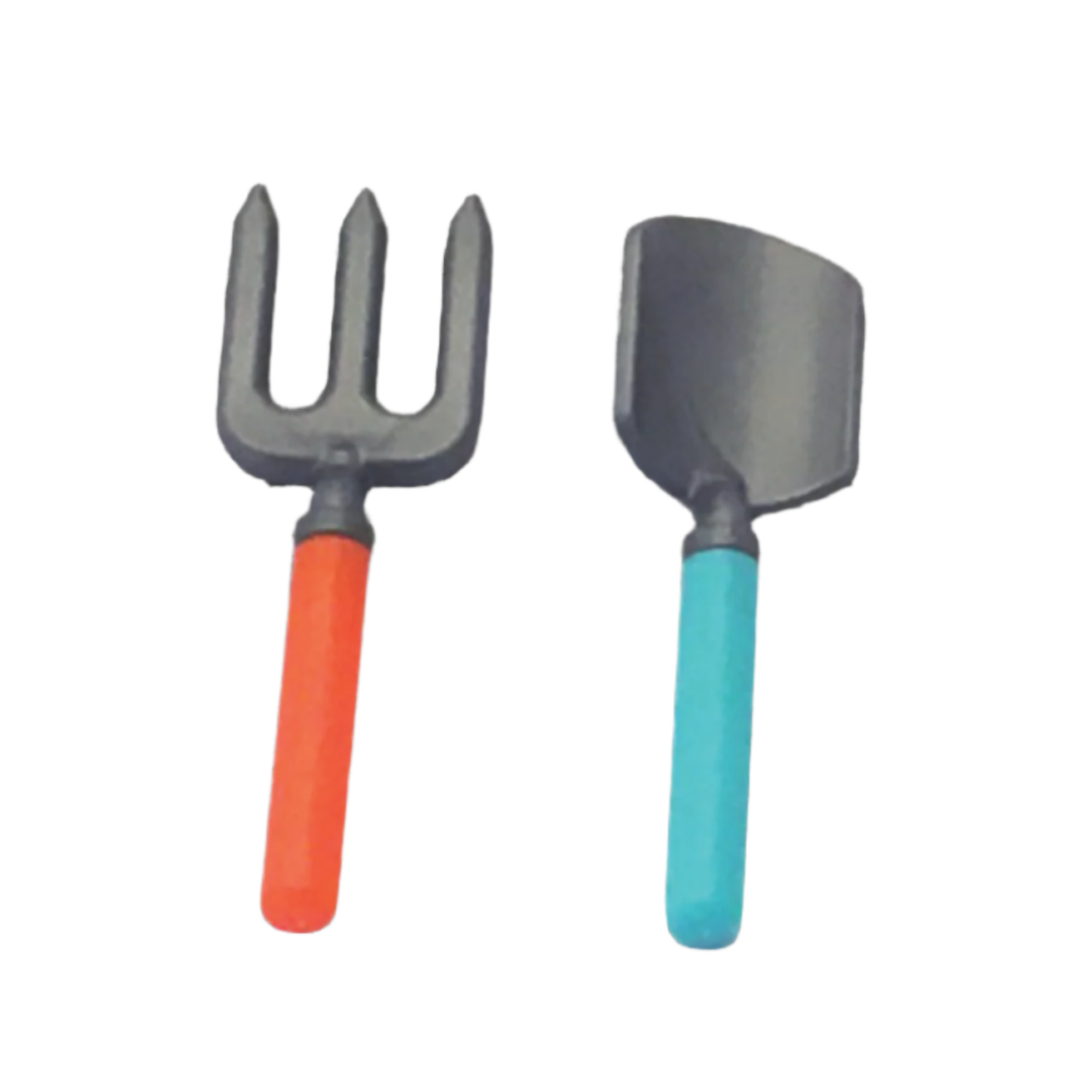 Two gardening tools, a fork with an orange handle and a shovel with a blue handle, on a transparent background.