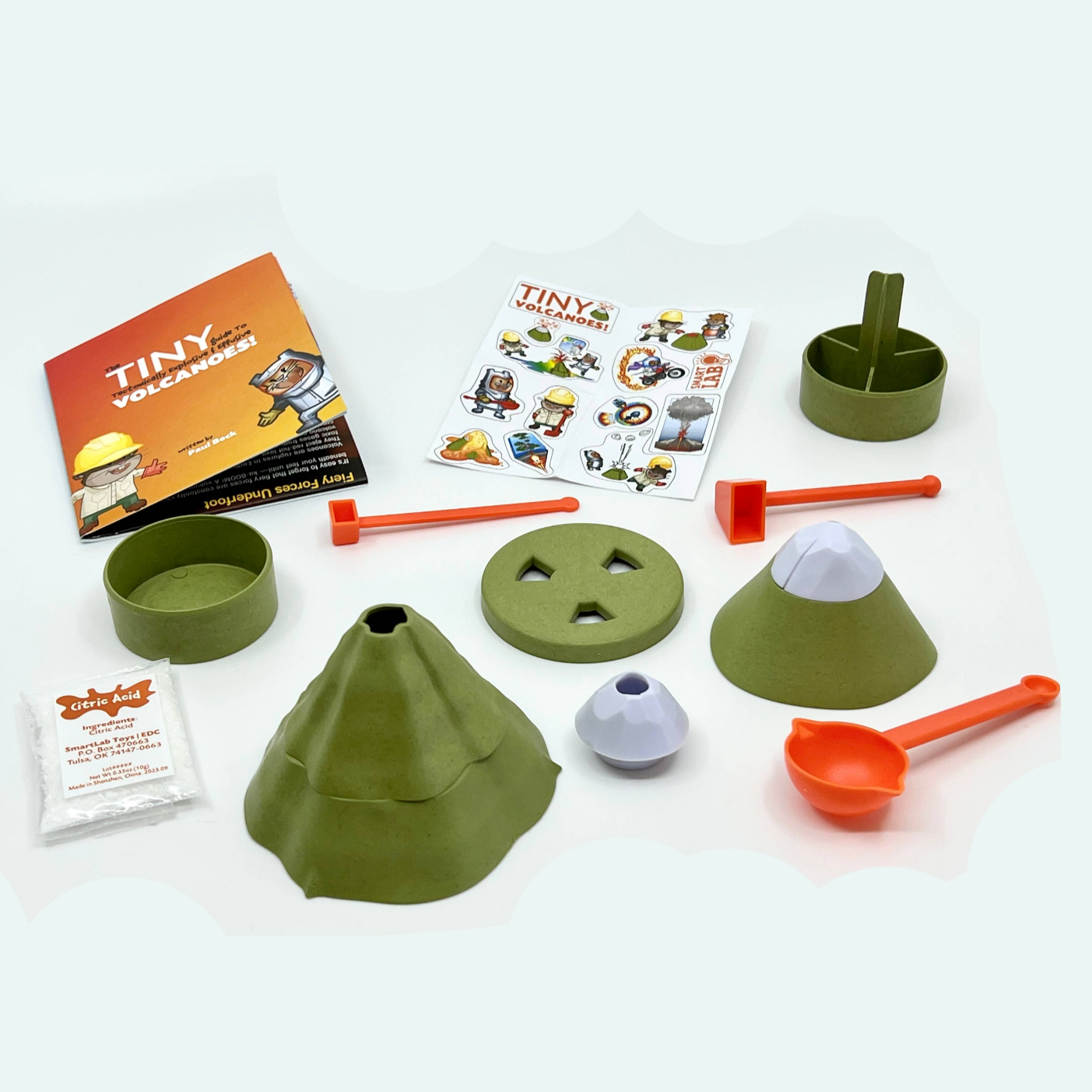 Children's playset with green containers, orange tools, and a Tiny product box on a white background.