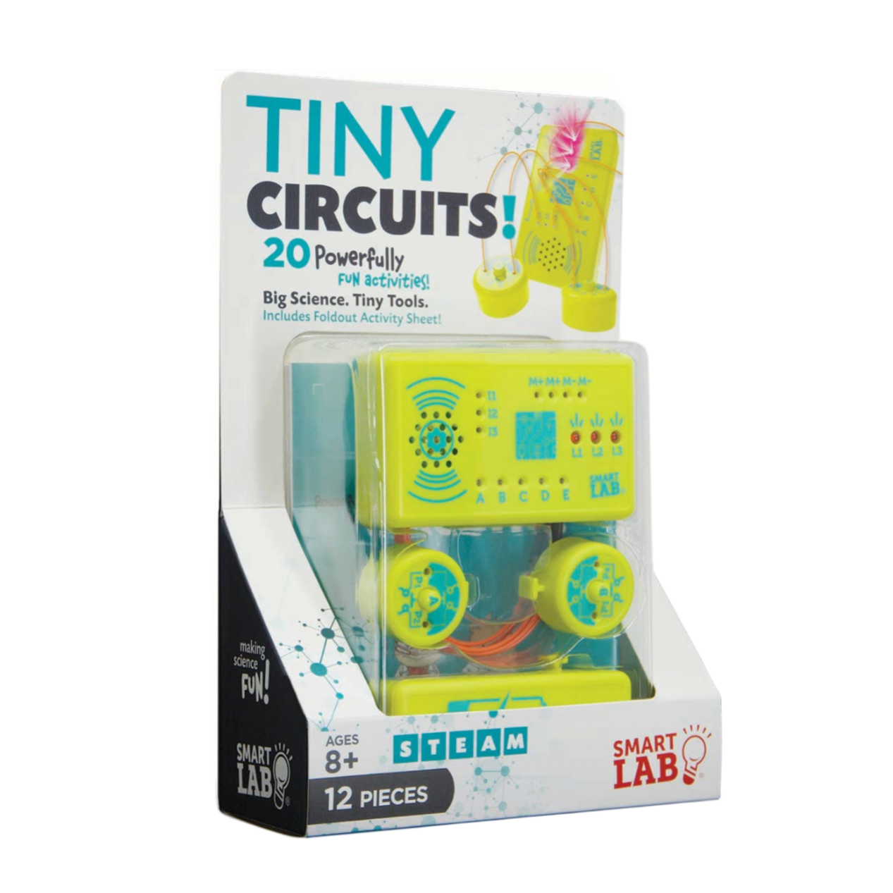 Box of 'Tiny Circuits!' educational toy set on a computer screen with text overlay.