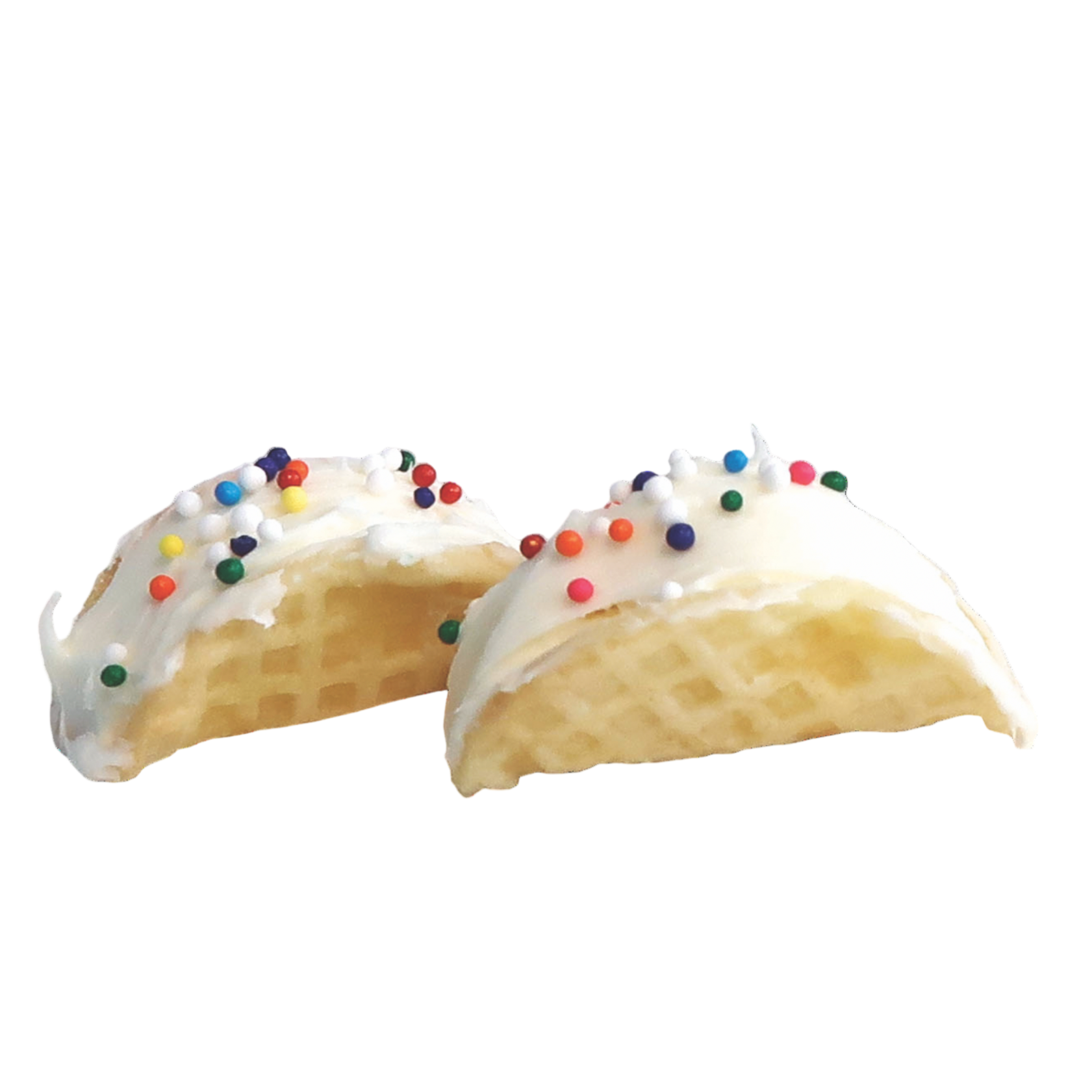 Two pastries with white icing and colorful sprinkles.