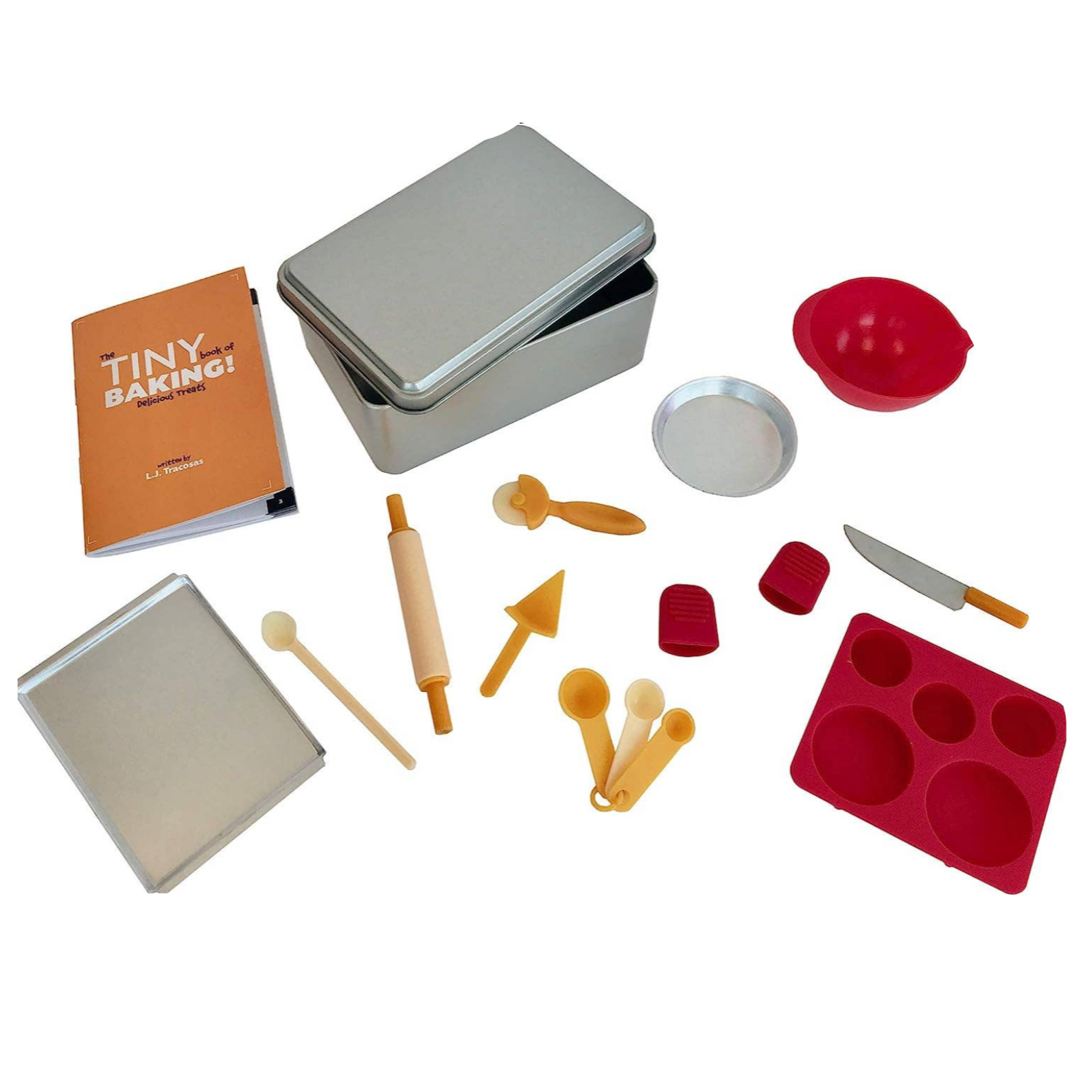 Collection of miniature baking tools and accessories on a white background